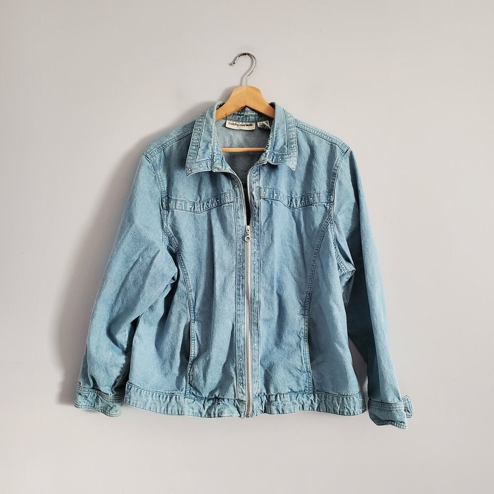 Cathy Daniels Light Blue Rhinestone Bling Zip Up Jean Jacket XL